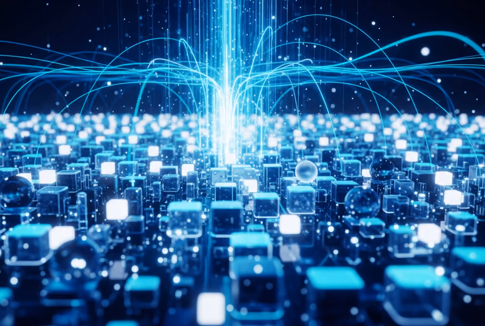 Glowing blue cubes and spheres connected by digital light lines representing data flow or network.