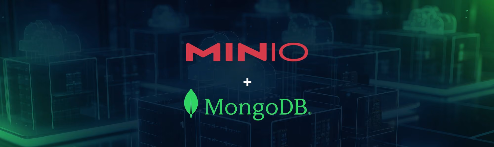 MinIO and MongoDB logos over a digital cloud data storage background.