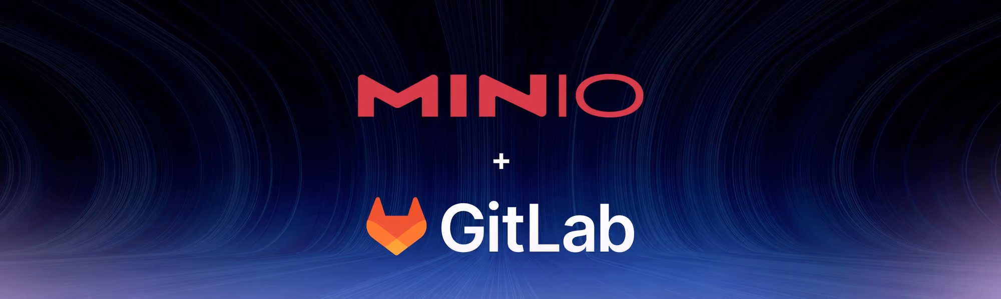 MINIO logo above GitLab logo with plus sign on blue abstract background.