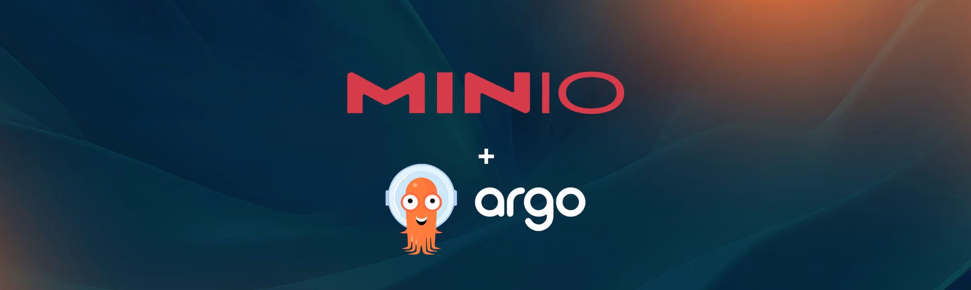 Logos of MinIO in red text and Argo with an orange octopus wearing a diving helmet on dark background.