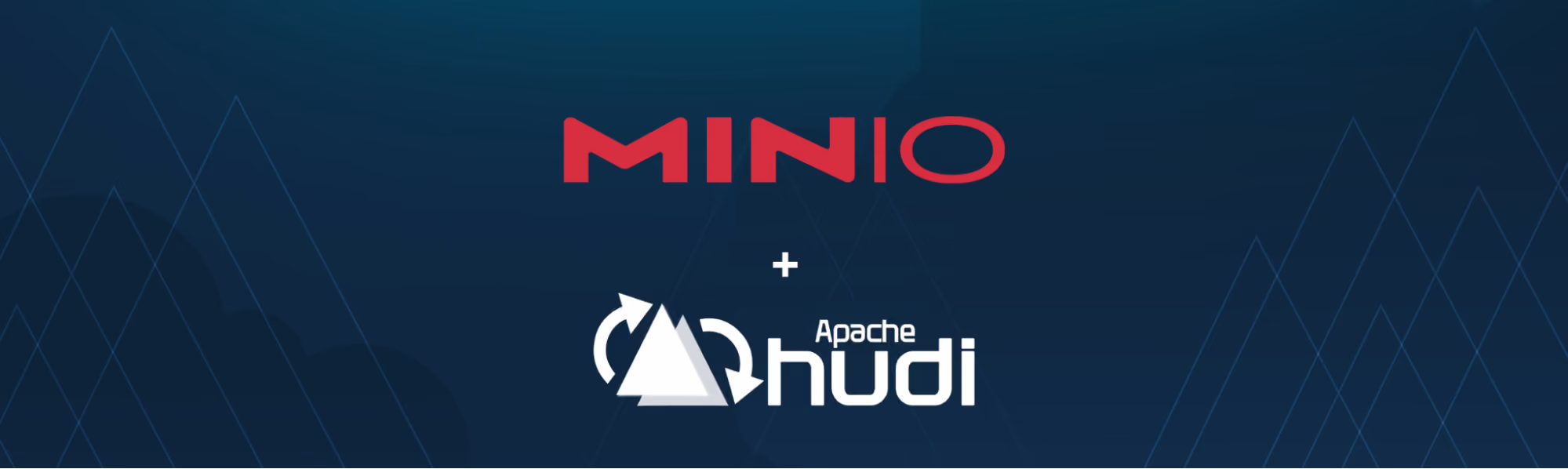 Logos of Minio and Apache Hudi on a dark blue background with abstract mountain outlines.