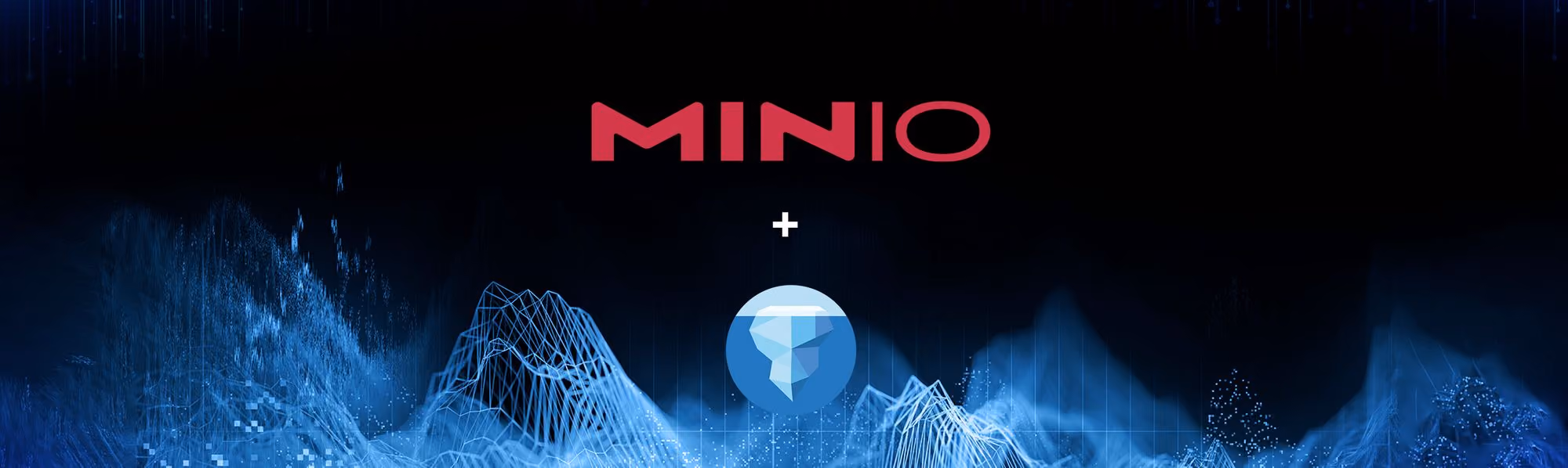 Dark digital landscape with blue data waves and MINIO logo above a geometric blue icon.