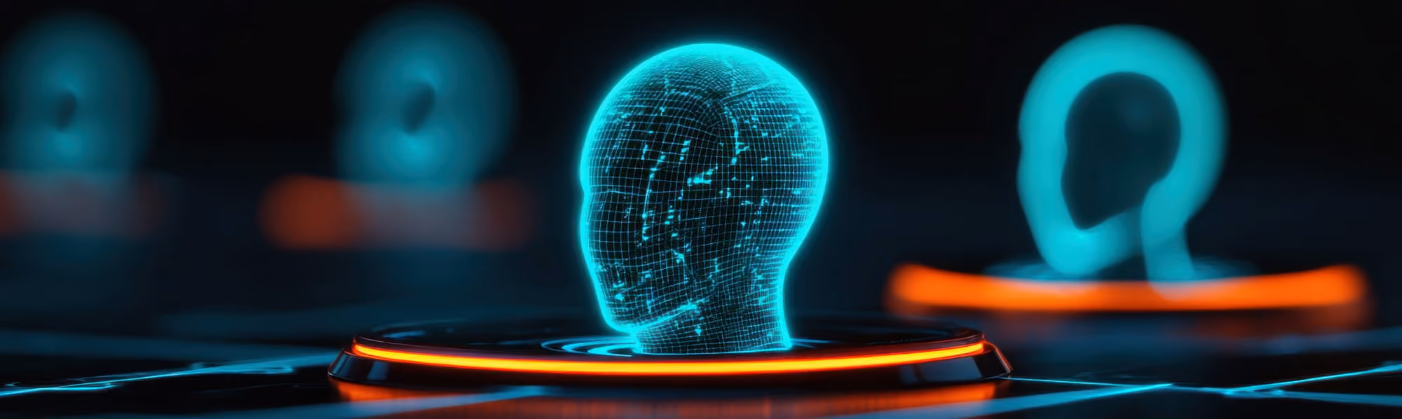 Glowing blue wireframe human heads on dark background with orange circular highlights.