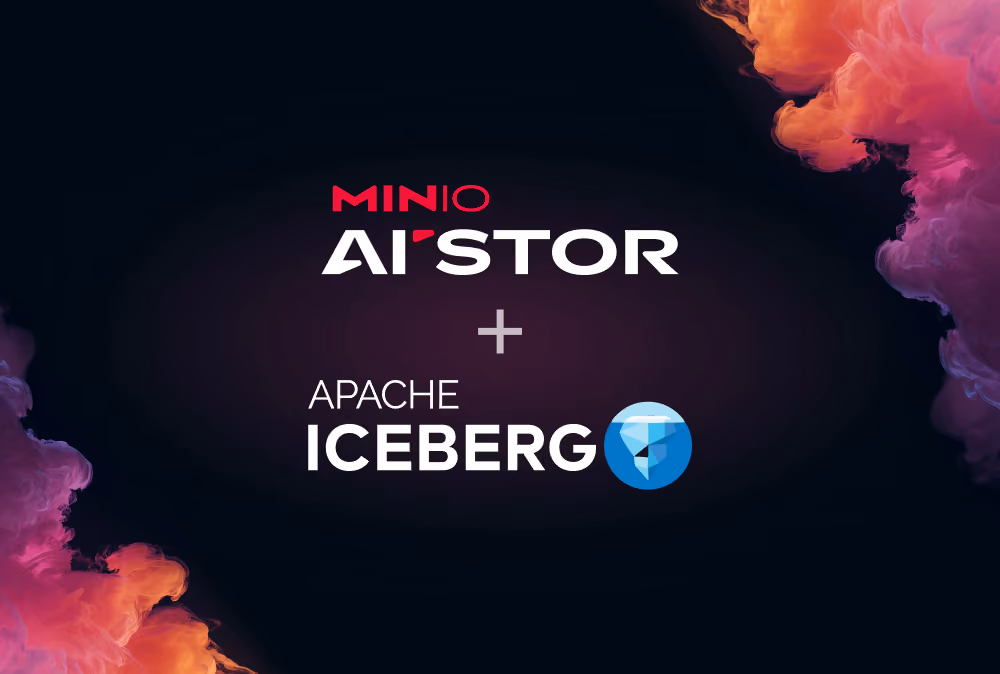 MinIO AI Stor logo above a plus sign with Apache Iceberg logo on dark background with pink orange clouds.