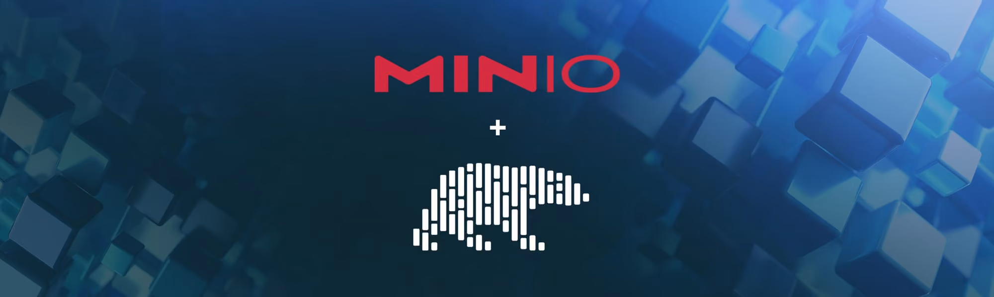 MINIO logo in red above a white stylized armadillo icon on a blue digital cube background.