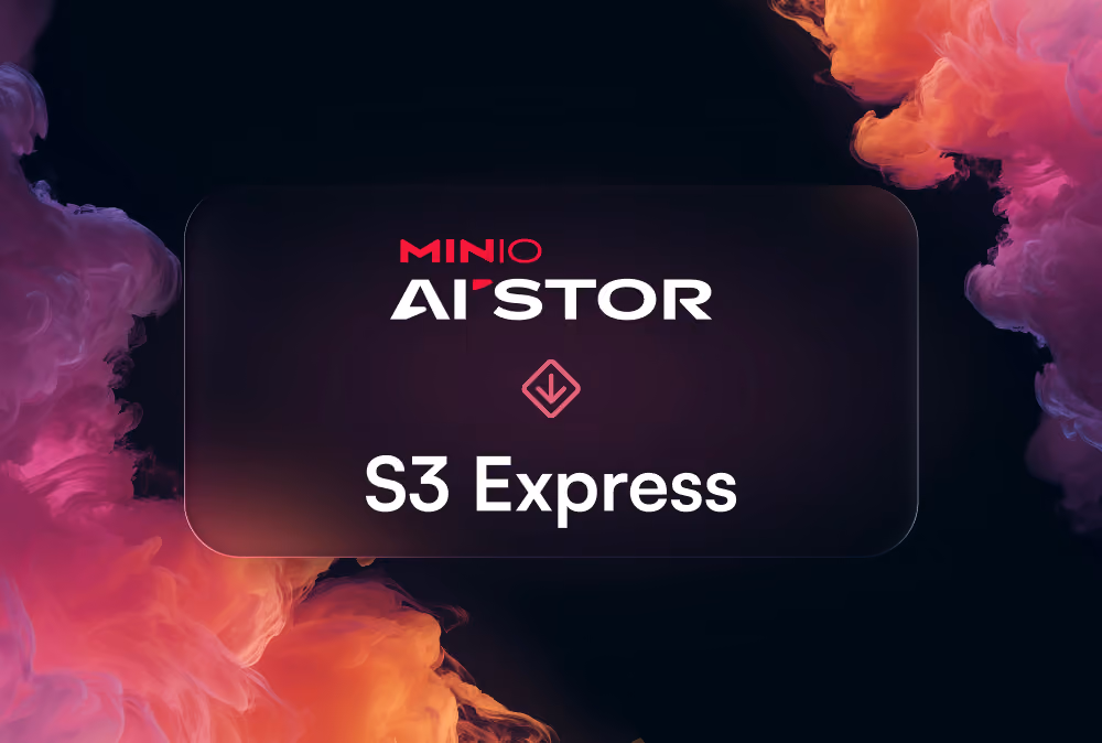 MinIO AI'STOR logo with S3 Express text on dark background with colorful smoke clouds.