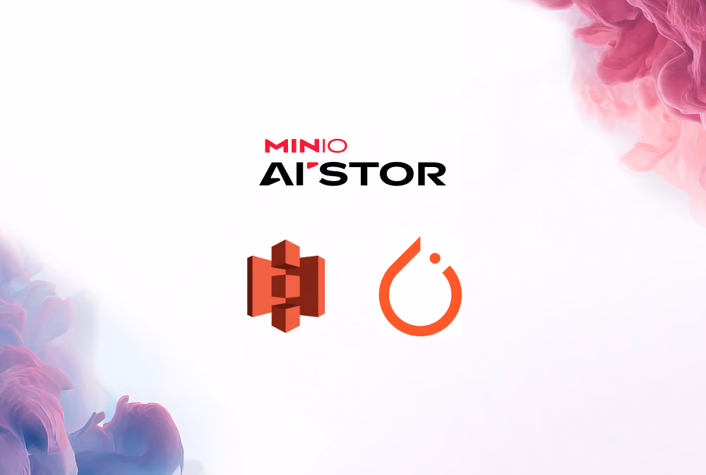 MinIO AI Store logo above Amazon S3 and PyTorch logos on a white background with pink and purple smoke.