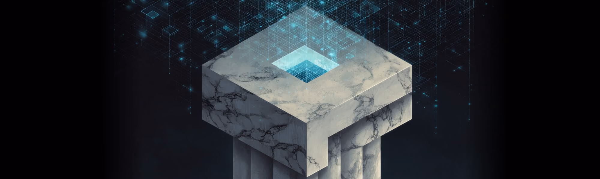 Marble pedestal with glowing digital grid and floating cubes suggesting AI and data technology.