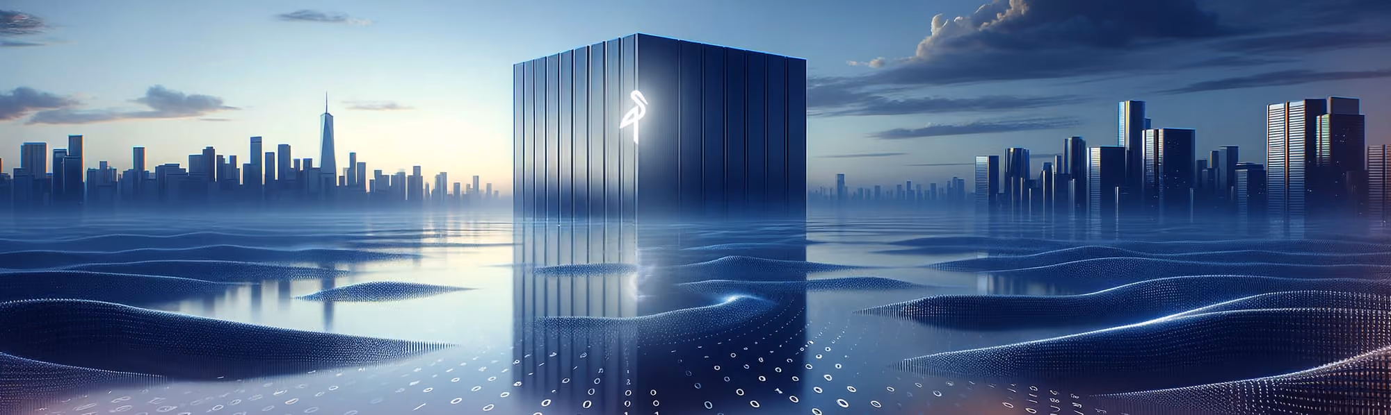 Futuristic black server cube with glowing symbol in digital ocean with city skyline at dawn.