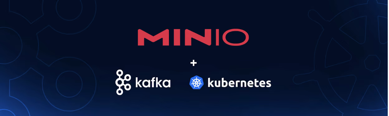 MinIO logo above Kafka and Kubernetes logos on a dark background with gear outlines.