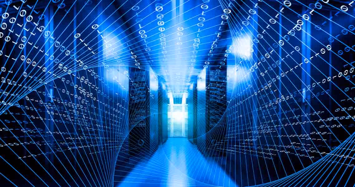 Blue digital data streams overlaying a long corridor in a server room with racks on both sides.