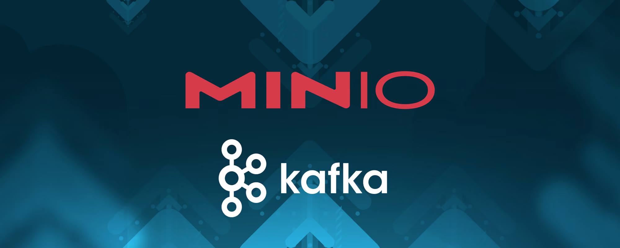 Minio logo above Kafka logo with a dark teal background and upward arrow graphics.
