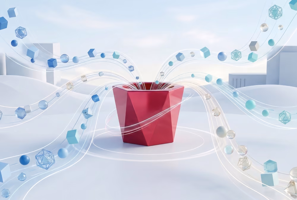 Red hexagonal container emitting swirling streams of floating cubes and spheres in a light futuristic environment.