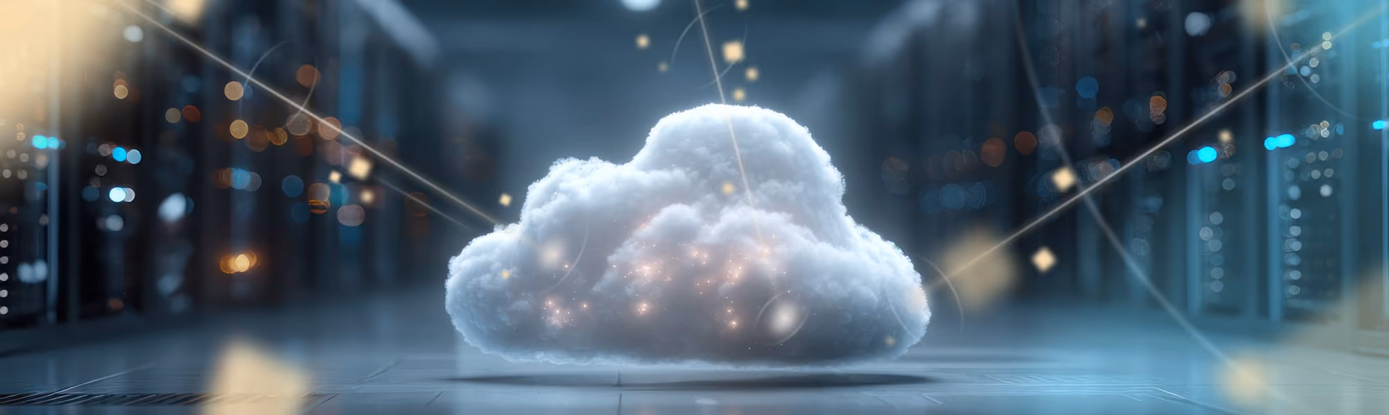 White cloud icon with glowing nodes hovering inside a data center aisle with server racks.