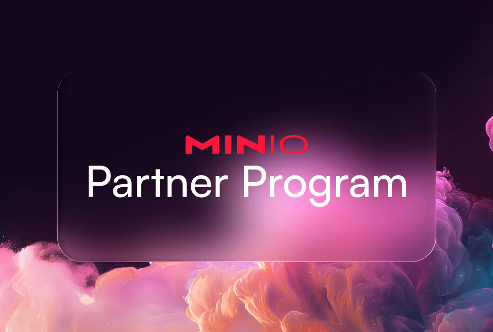MinIO Partner Program text on a dark background with colorful pink and purple smoke-like patterns.