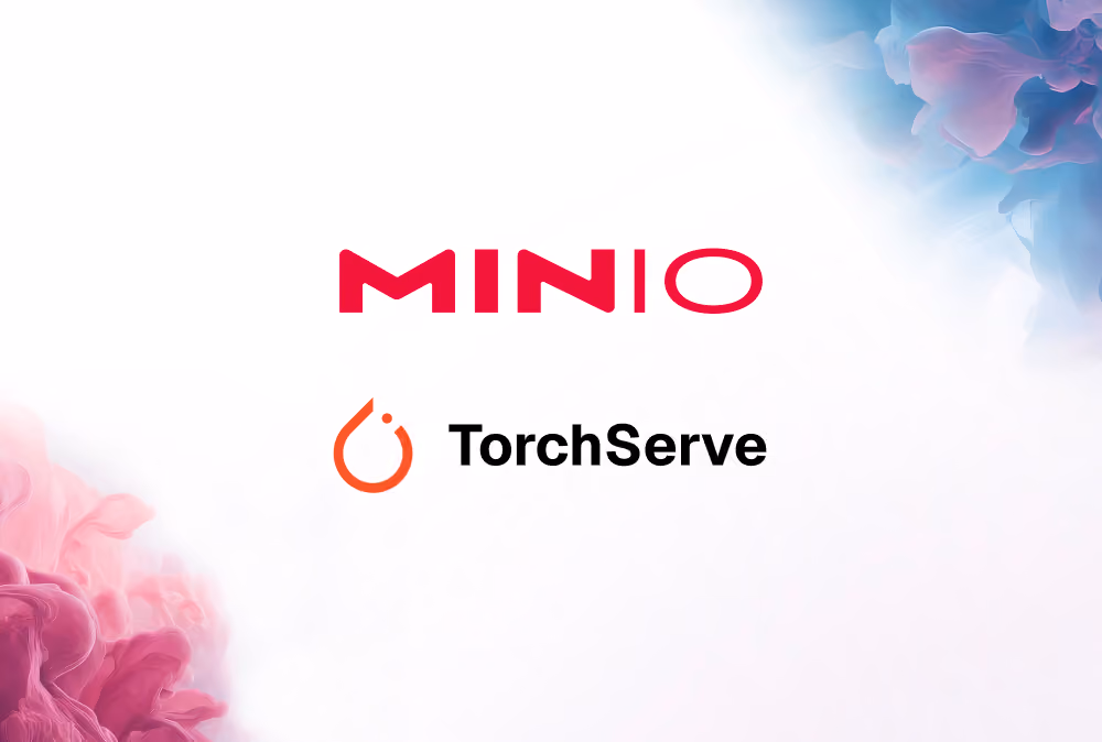 MinIO and TorchServe logos on a white background with pink and blue abstract shapes.