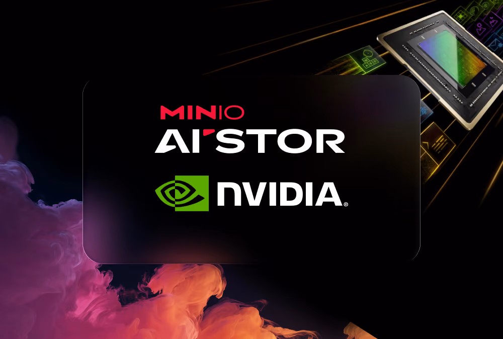 MINIO AI'STOR NVIDIA logos over colorful smoke and GPU chip on dark background.