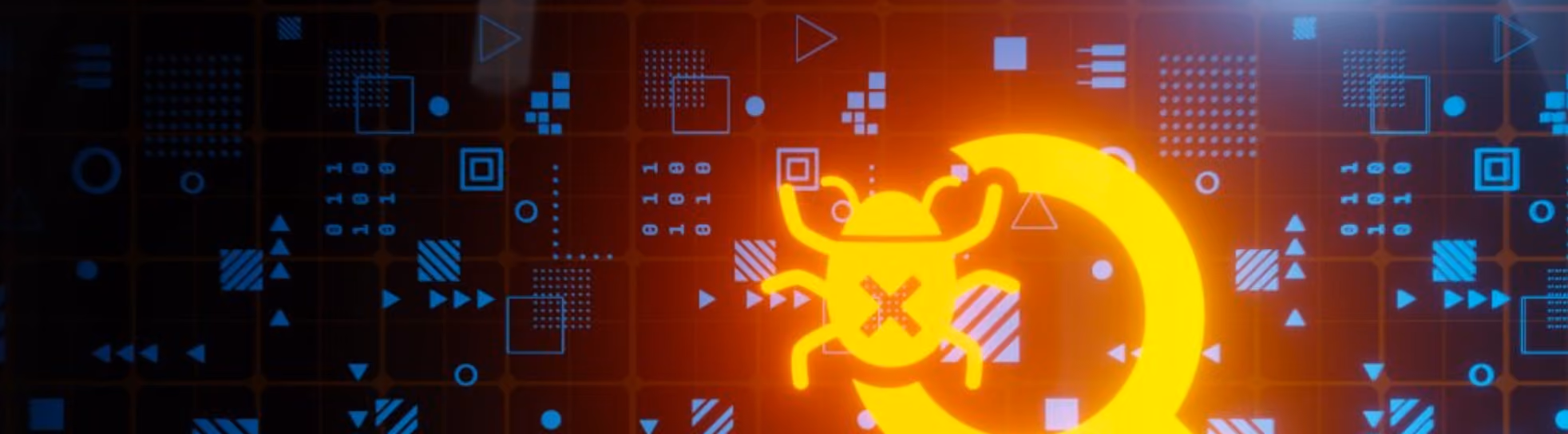 Glowing yellow bug icon with an X on its body overlaying blue digital symbols on a dark background.
