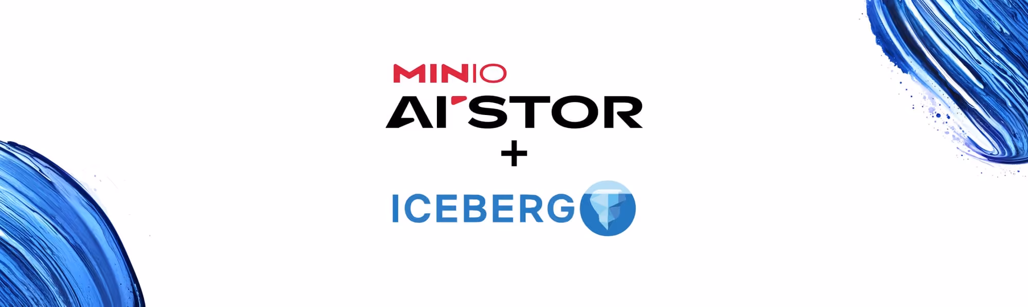 Logos of MinIO AIstor and Iceberg with blue abstract art on the sides on white background.
