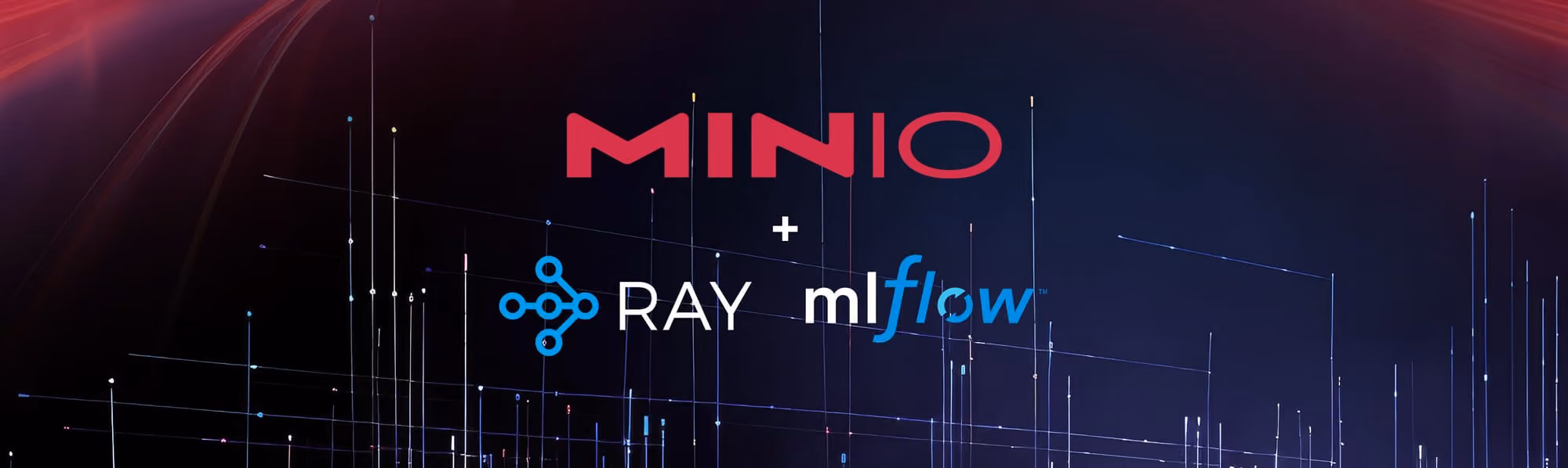 Logos of MinIO, Ray, and MLflow on a dark tech background with colorful vertical and diagonal lines.