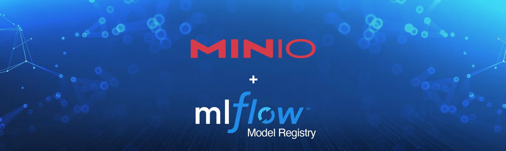 MINIO logo above mlflow Model Registry text on a blue background with tech network design.