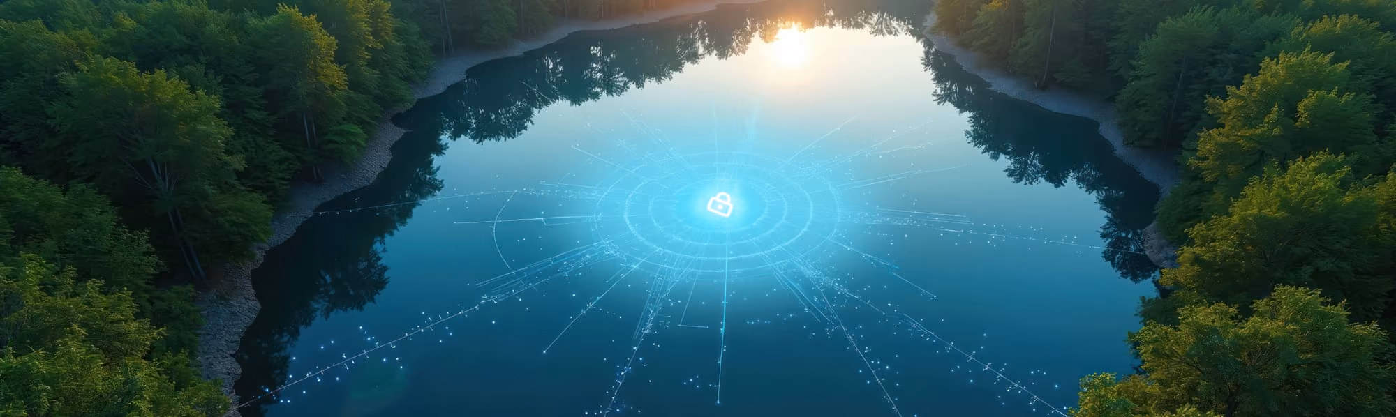 A lake surrounded by trees with a glowing digital lock icon and data network graphics above the water.
