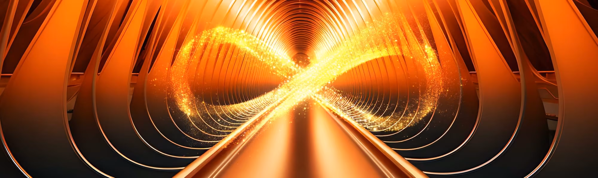 Glowing golden infinity symbol made of sparkles inside a tunnel with orange lighting and curved ribs.
