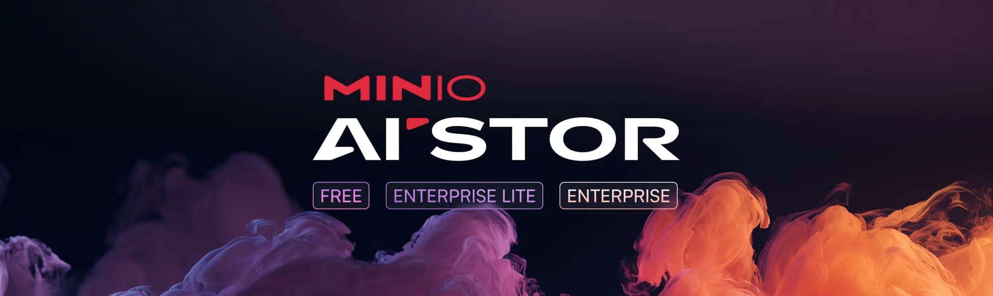 MinIO AI'STOR logo with tier options: Free, Enterprise Lite, and Enterprise over colorful smoke background.
