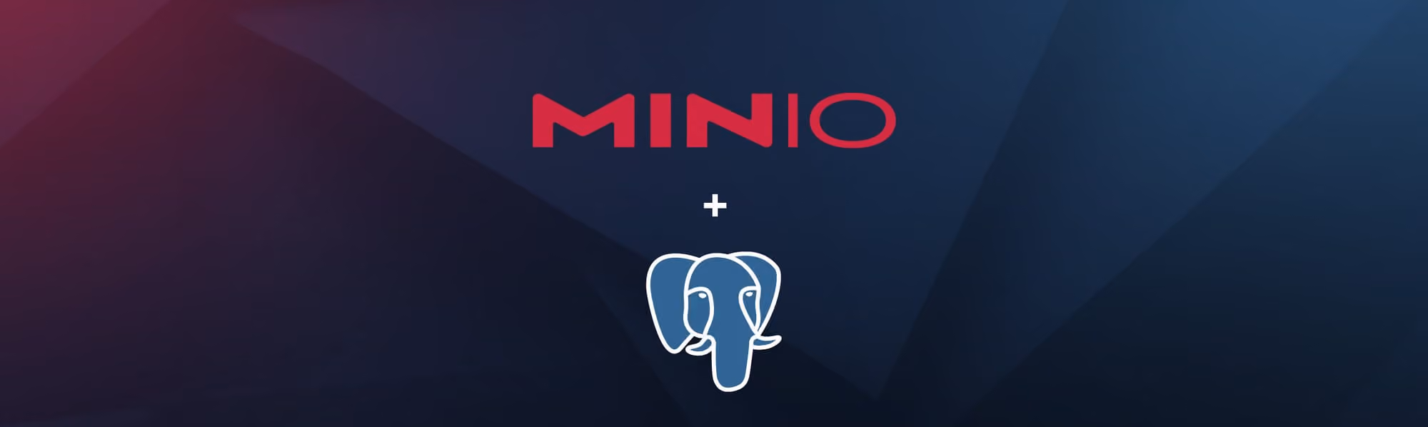 Minio logo above a plus sign and a white outlined elephant head on a dark blue background.