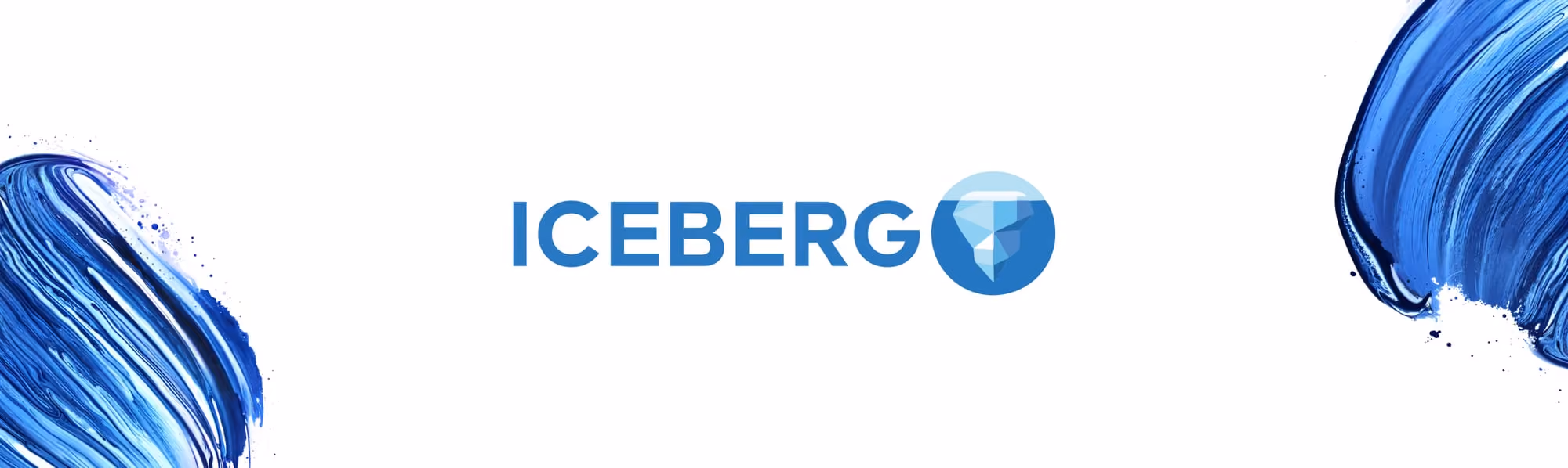 Iceberg logo with geometric iceberg icon centered between two abstract blue paint strokes on white background.