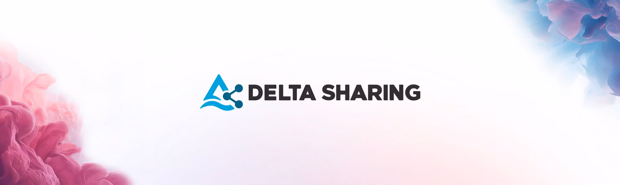 Delta Sharing logo with blue abstract shapes on left and right on a white to pink gradient background.
