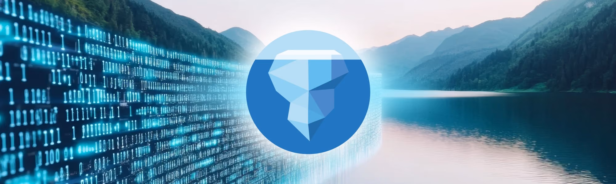 Blue iceberg icon glowing amid digital binary code over a lake with tree-covered mountains in background.