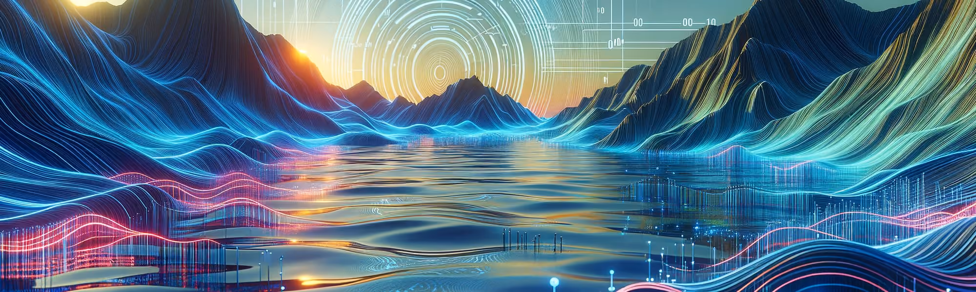 Digital landscape with glowing blue mountains, reflective river, and circular data patterns at sunset.