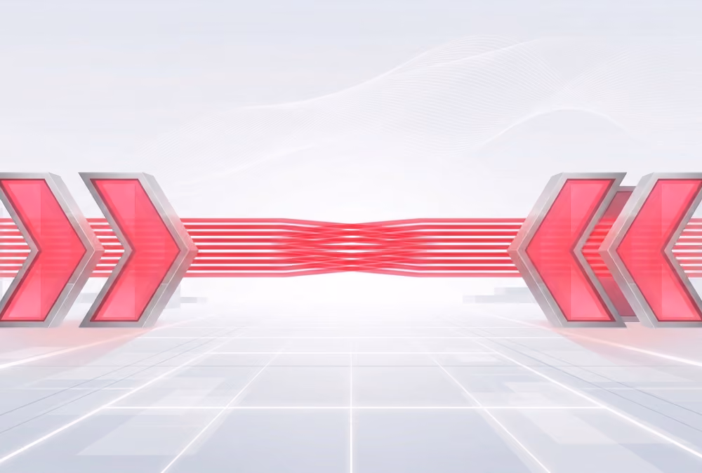 Red arrows pointing inward from left and right with converging red lines in the center on a white background.
