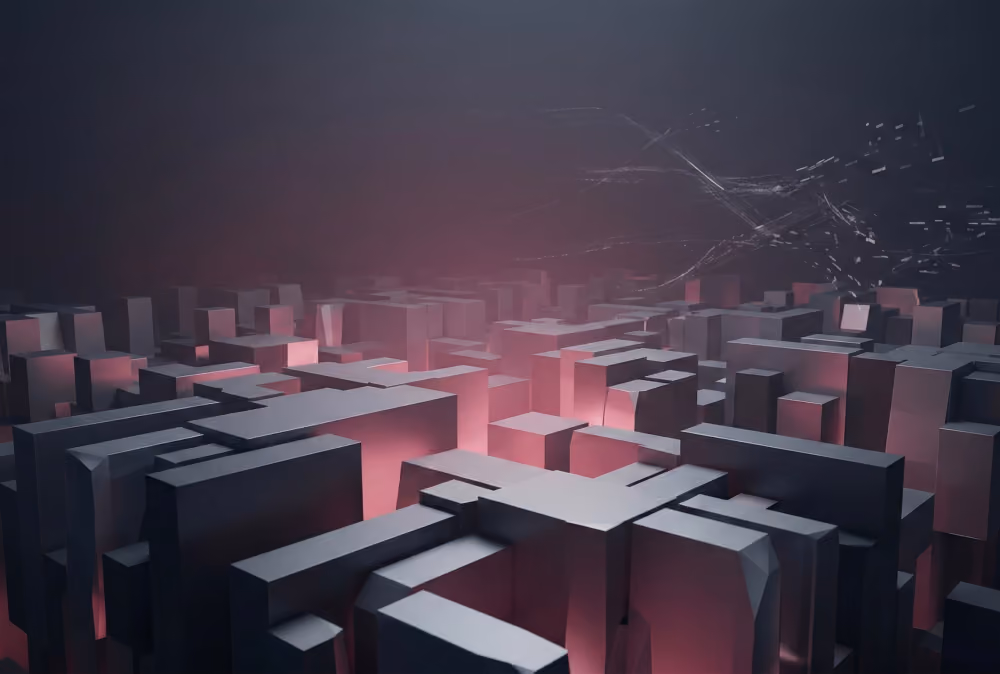Abstract dark gray 3D blocks with soft pink glowing gaps in a foggy space resembling a futuristic cityscape.