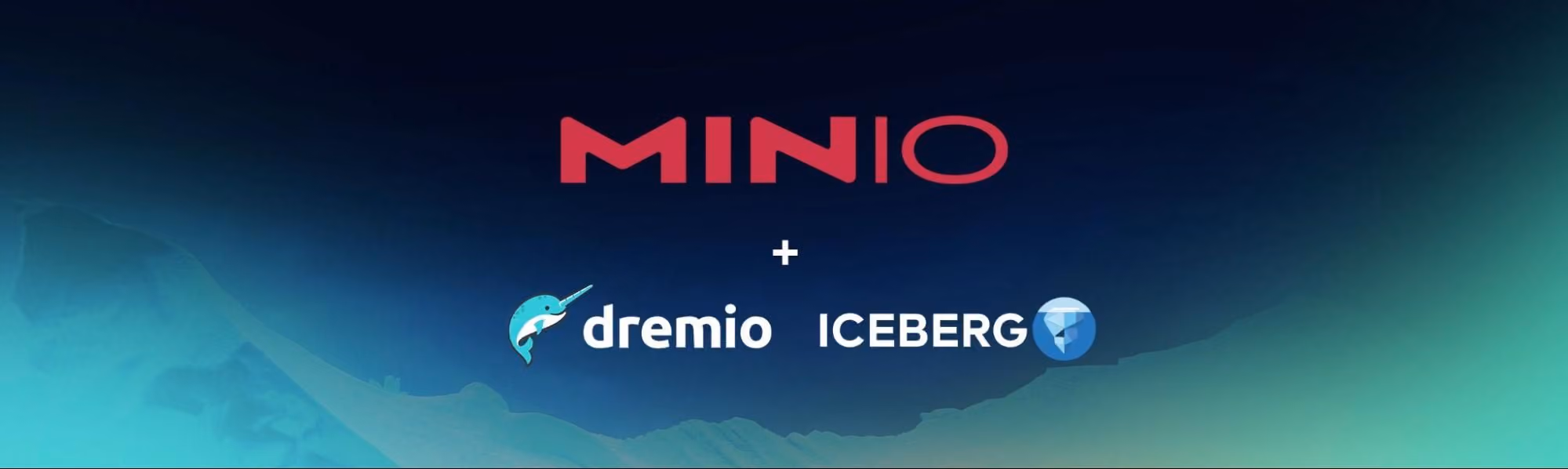 Logos of MinIO, Dremio (with narwhal icon), and Iceberg on a blue-green gradient background.