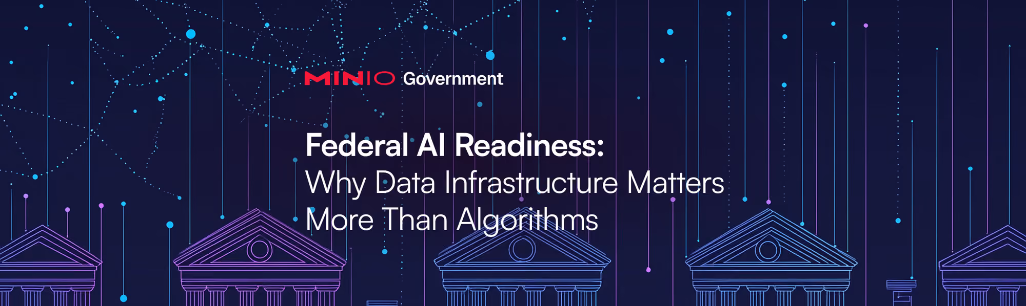 Digital illustration of federal buildings under connected data points with text on AI readiness and data infrastructure.
