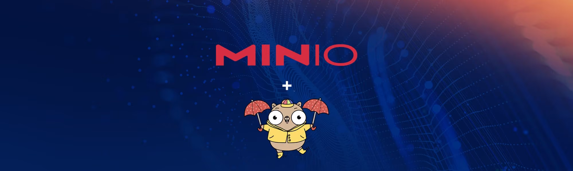 MINIO text above a cartoon gopher with raincoat and umbrellas on a blue tech background.