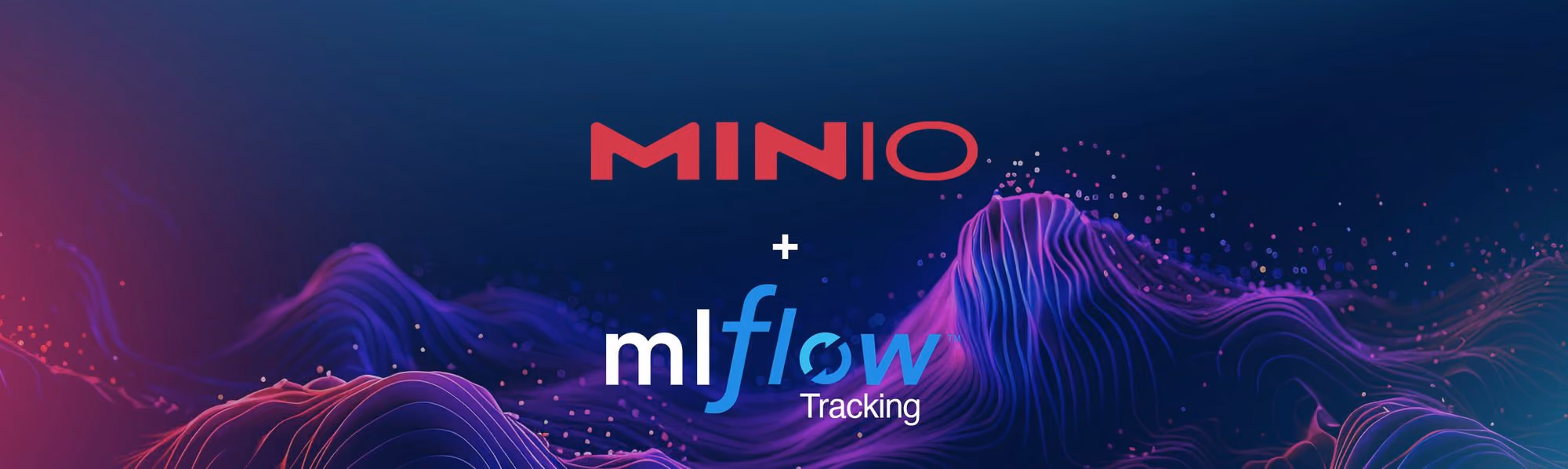MINIO and mlflow Tracking logos over blue and purple abstract wave background.
