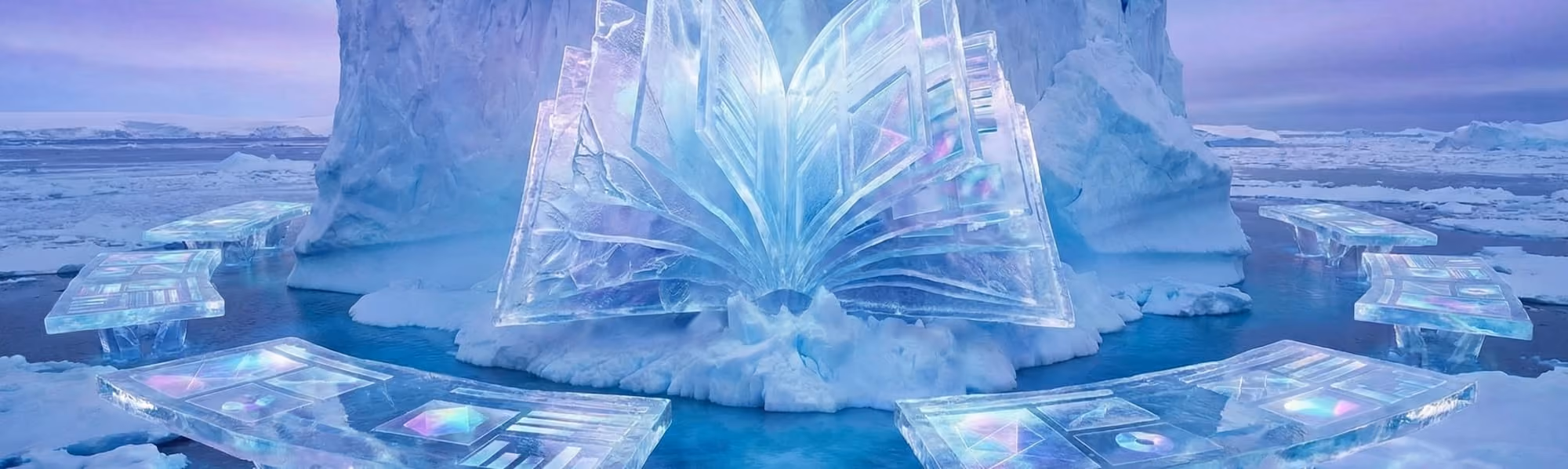 Giant ice sculpture of an open book surrounded by transparent ice tables in a snowy icy landscape.