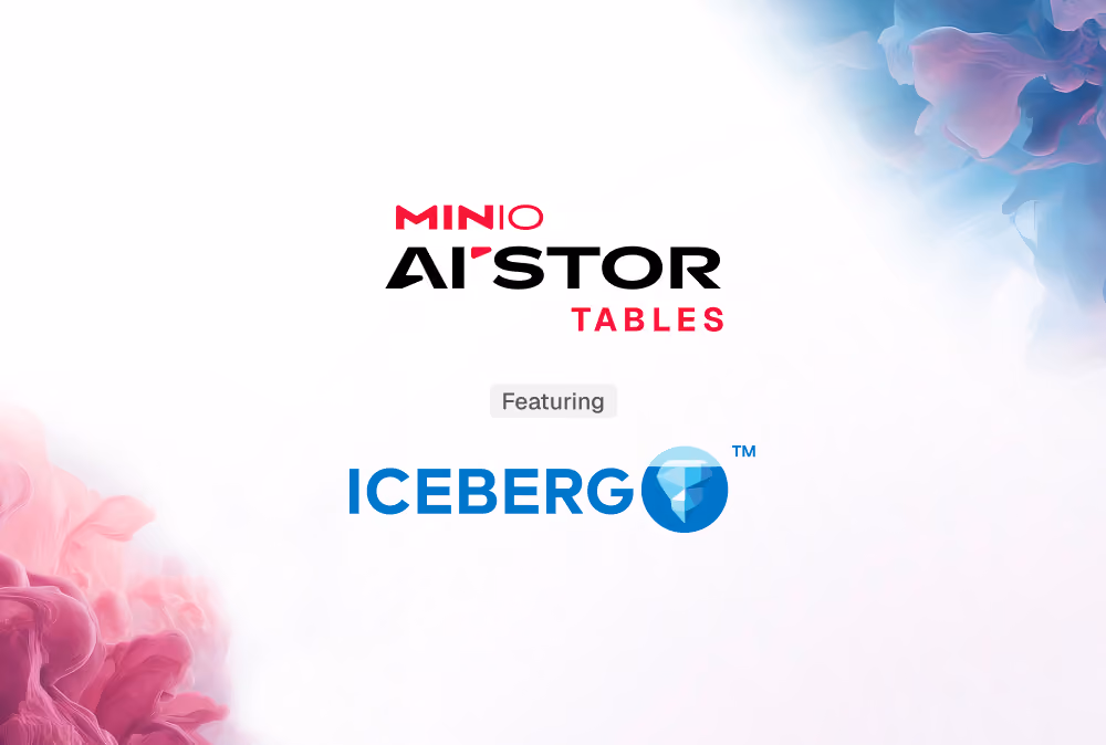 MinIO AIStor Tables logo above 'Featuring ICEBERG' text with abstract pink and blue cloud shapes.