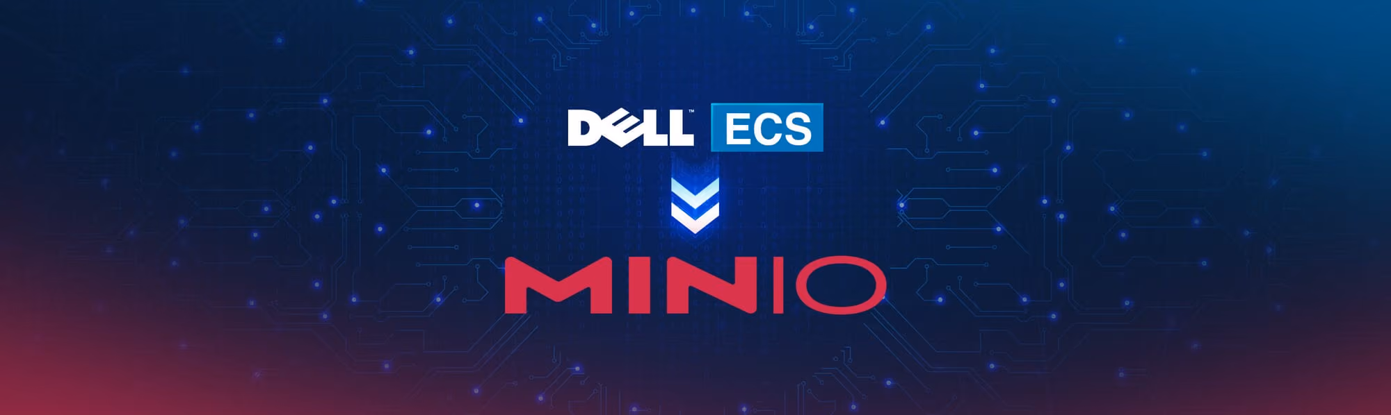 Blue digital background with Dell ECS logo above a red MINIO logo and downward arrows between them.