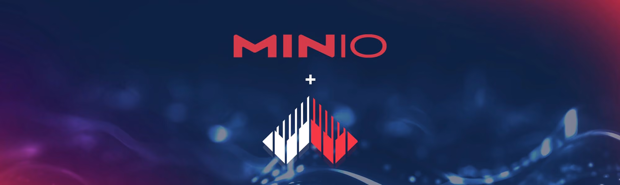 Red MINIO logo above a white and red abstract geometric design with a dark blue blurred background.