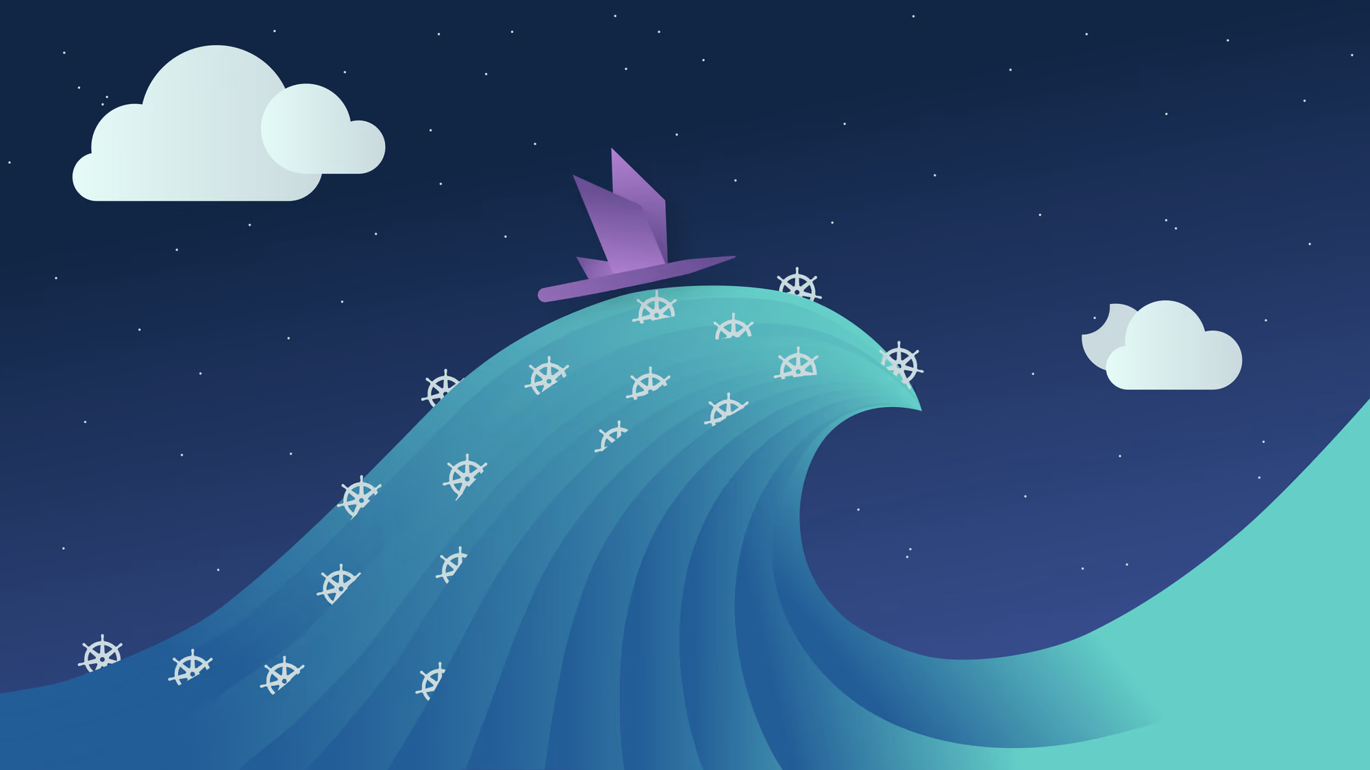Abstract wave with multiple Kubernetes ship wheels and a purple origami boat under a starry night sky.