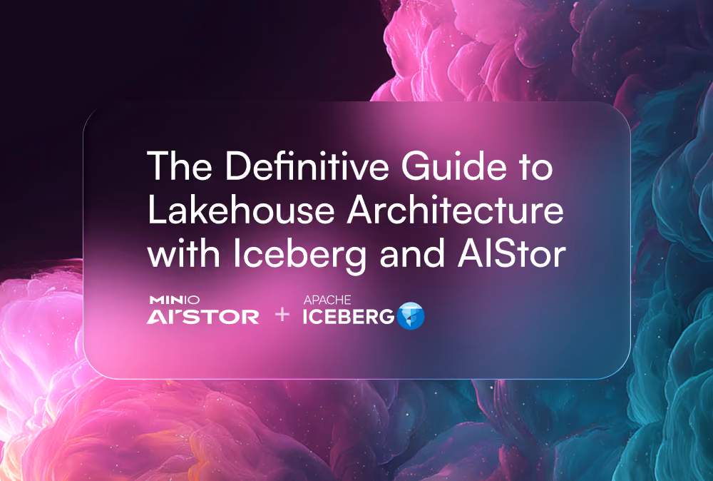 Text on purple and blue abstract background: The Definitive Guide to Lakehouse Architecture with Iceberg and AIStor.