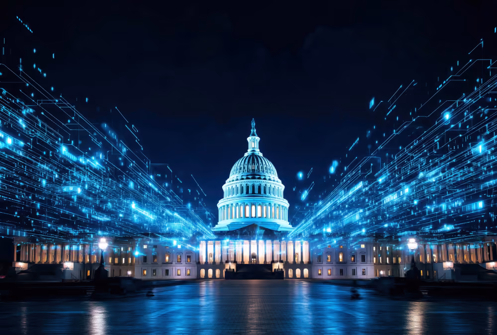 U.S. Capitol building illuminated at night with digital blue data streams extending from it.