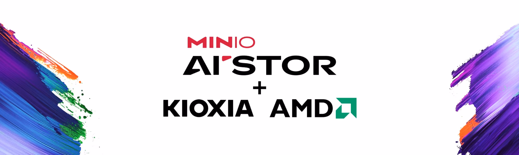 Logos of MinIO AIstor, KIOXIA, and AMD with colorful brush strokes on sides.