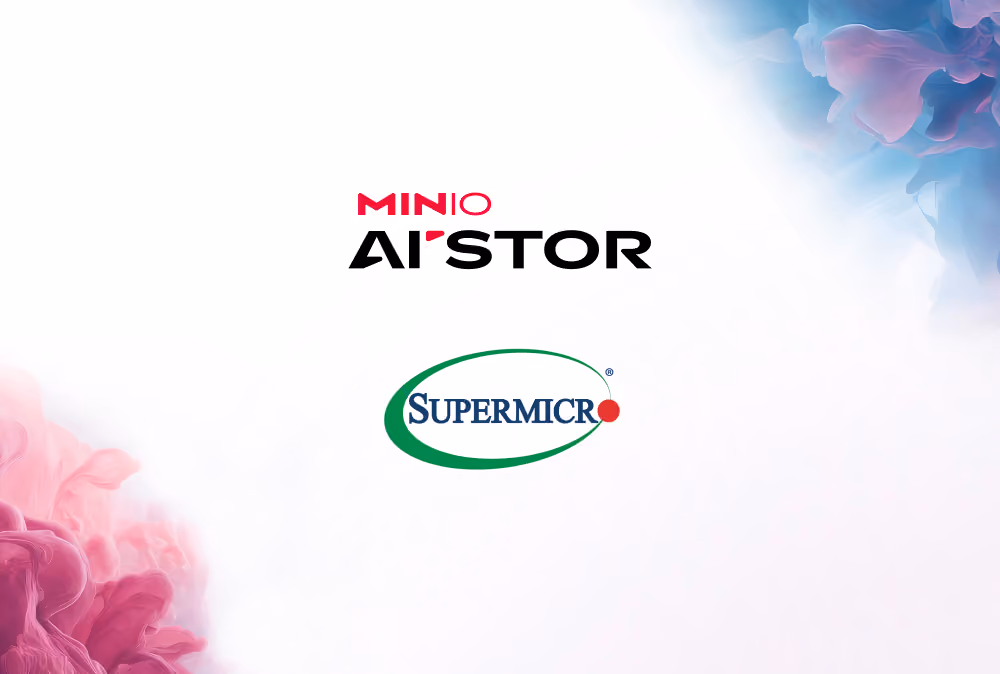 Logos of MinIO AIStor and Supermicro on a soft gradient background with pink and blue waves.