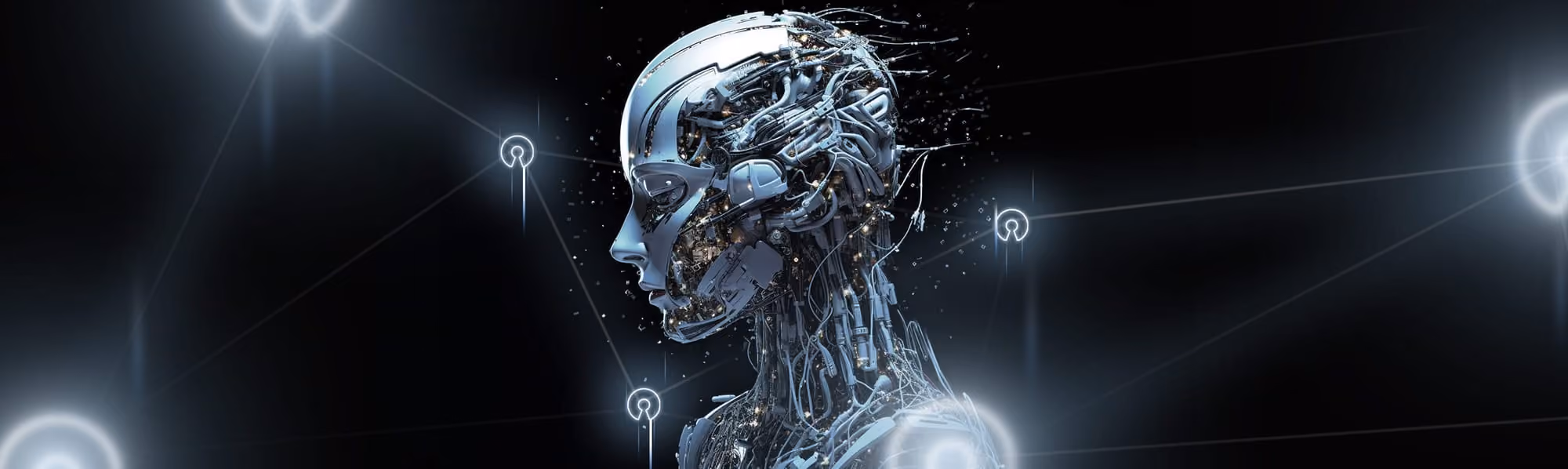 Side view of a futuristic humanoid robot with visible internal mechanical parts and wires.