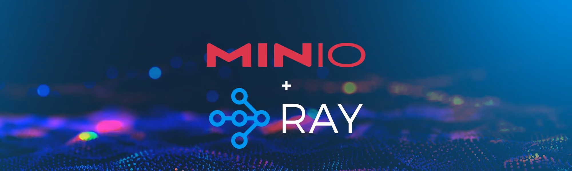 MinIO and Ray logos above a blue and purple digital data wave background.